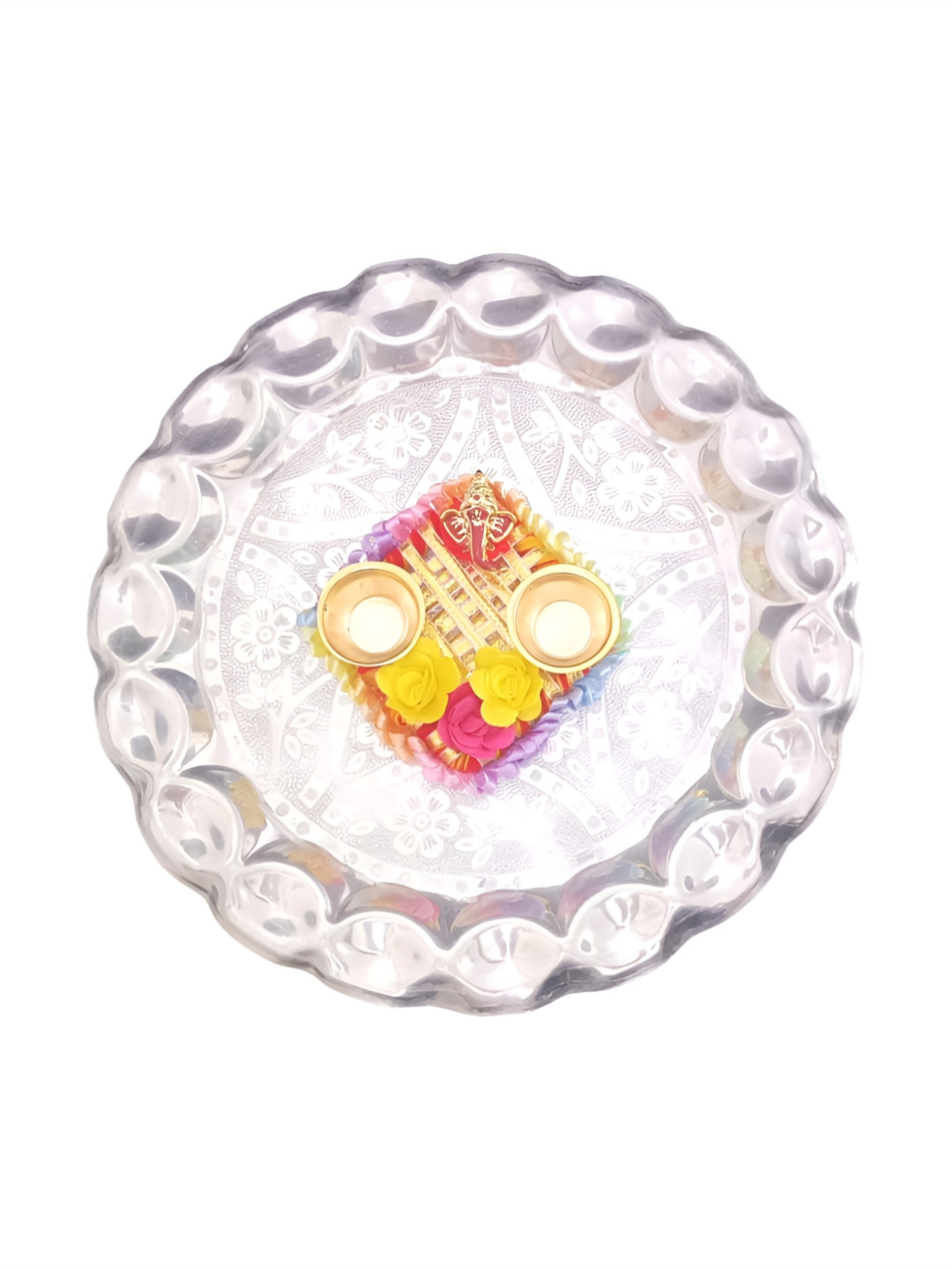 PUFFSMART Silver Toned & Yellow Textured Metal Pooja Thali With Ganesh Roli Chawal Platter