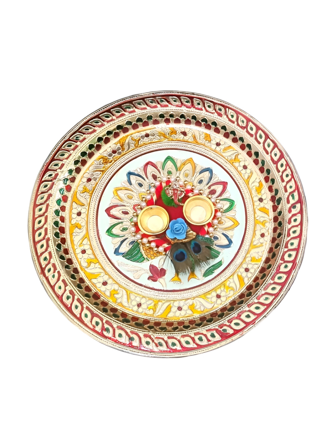 PUFFSMART Yellow & Red Textured Metal Pooja Thali With Ganesh Roli Chawal Platter
