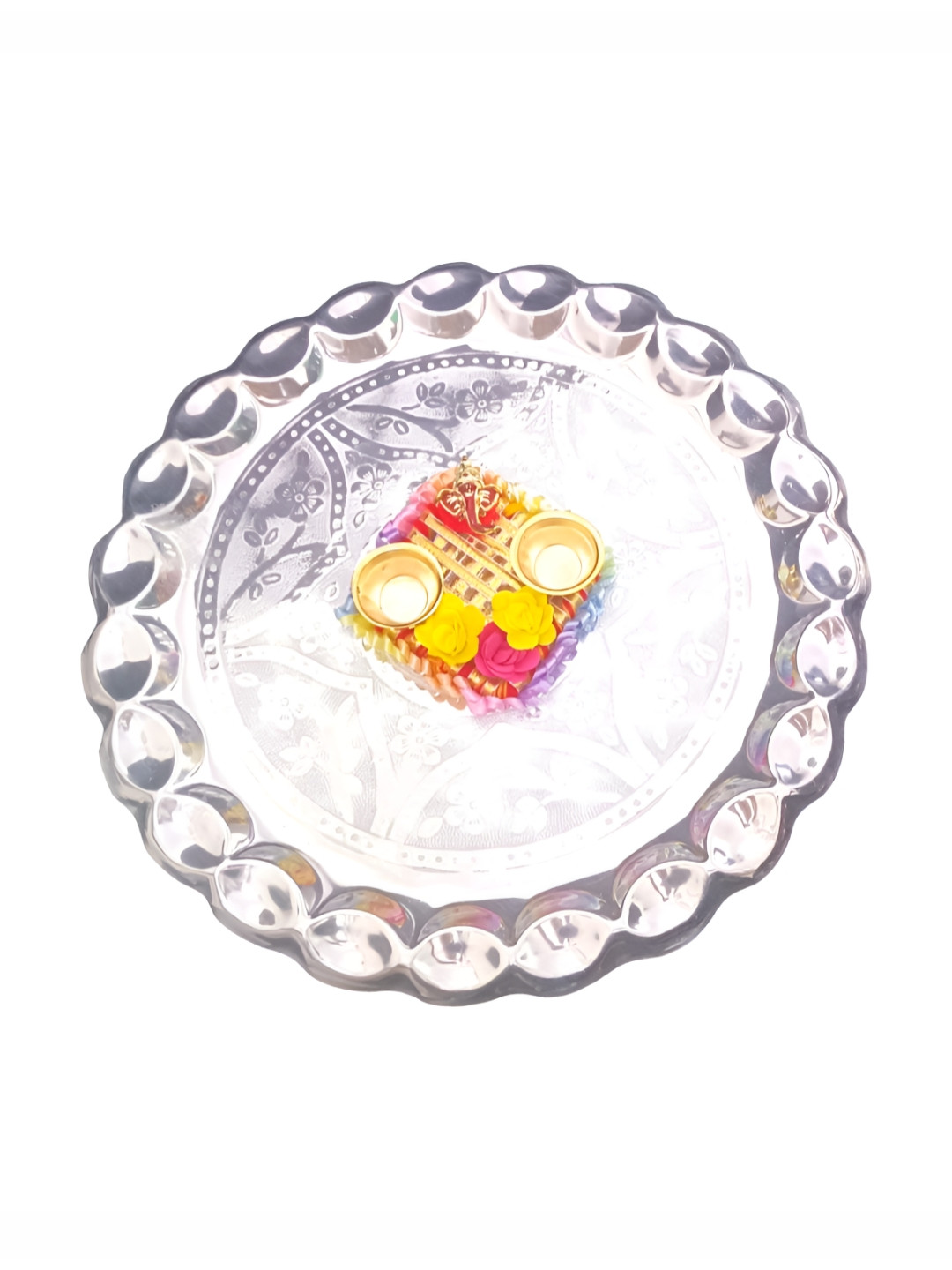 PUFFSMART Silver Toned & Yellow Textured Metal Pooja Thali With Ganesh Roli Chawal Platter