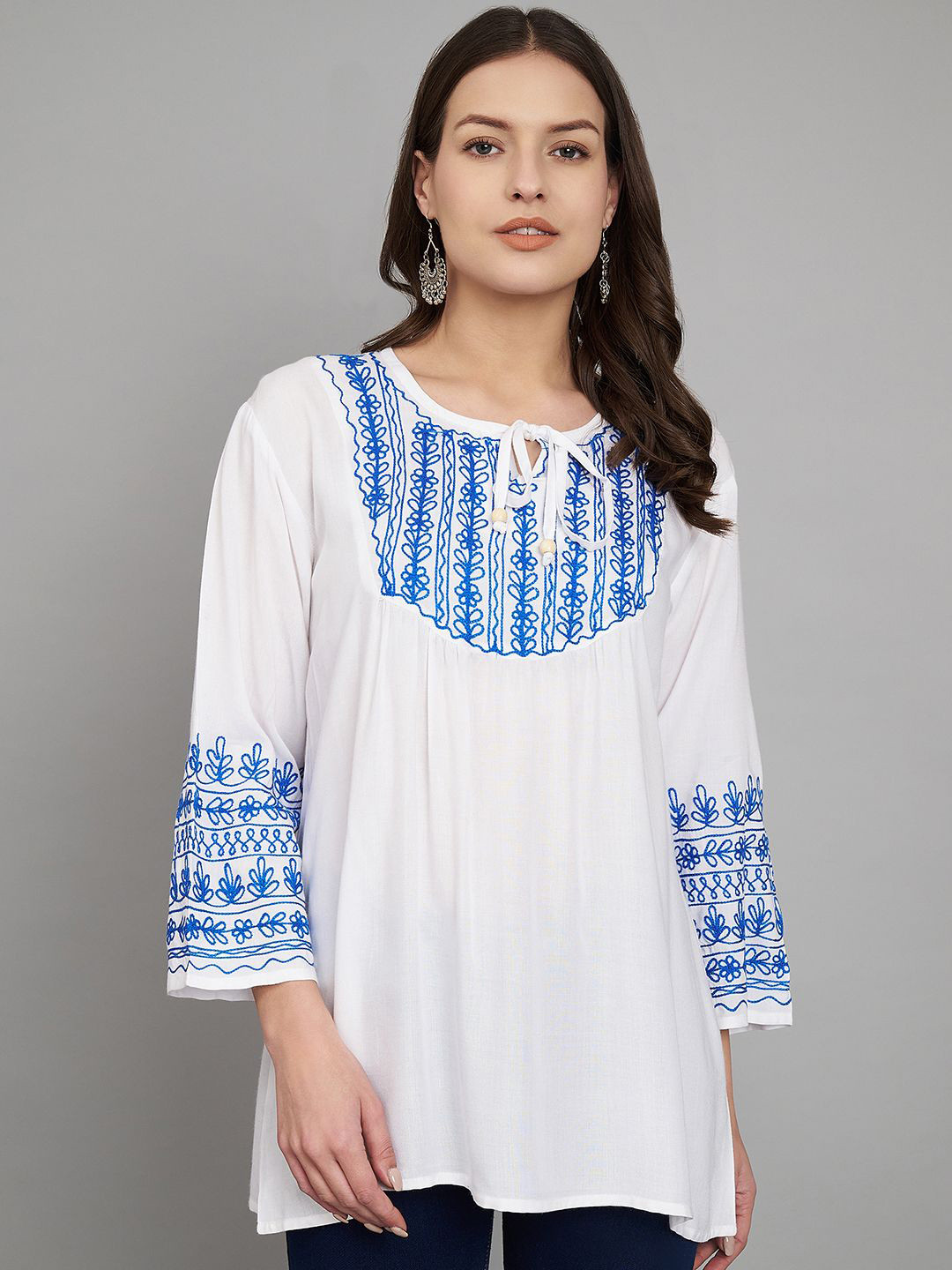 SAAKAA Print Tie-Up Neck Bell Sleeve Top