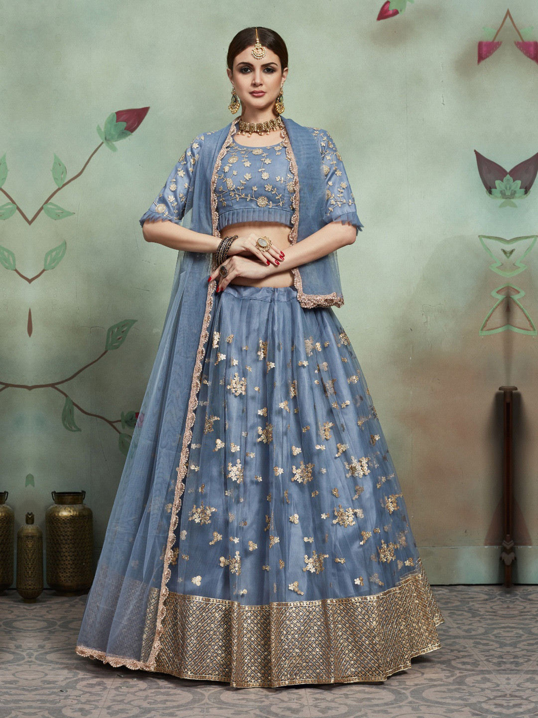 Fusionic Embroidered Semi-Stitched Net Lehenga & Unstitched Blouse With Dupatta
