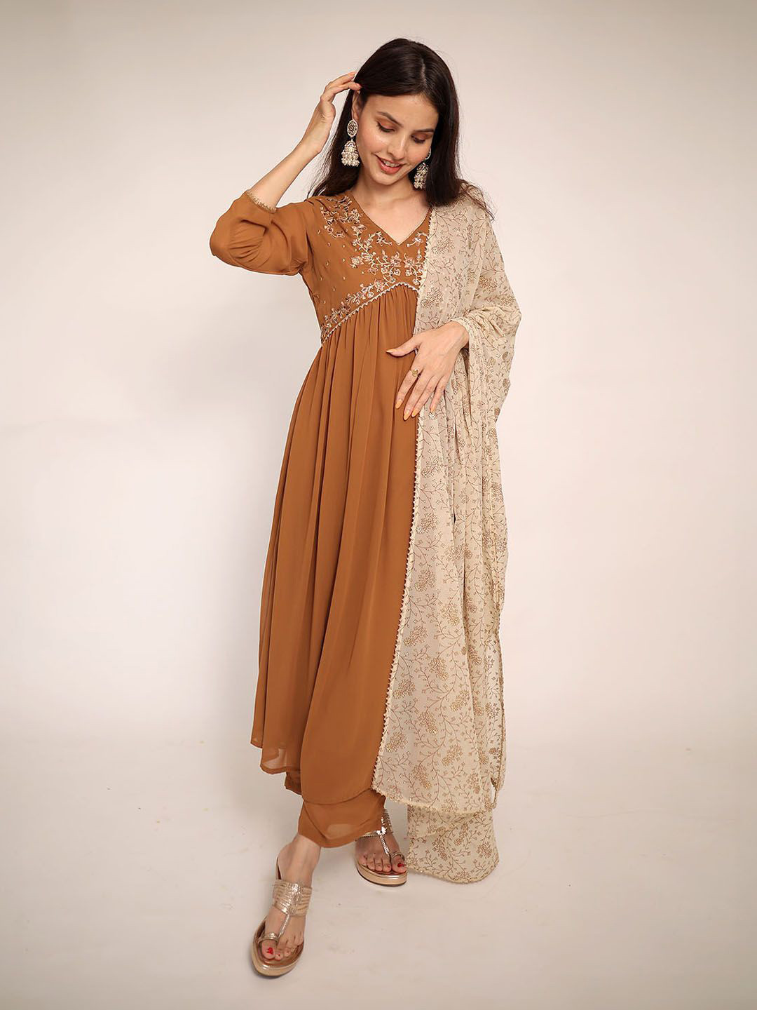 Janasya Georgette Floral Embroidery Kurta Palazzo Set