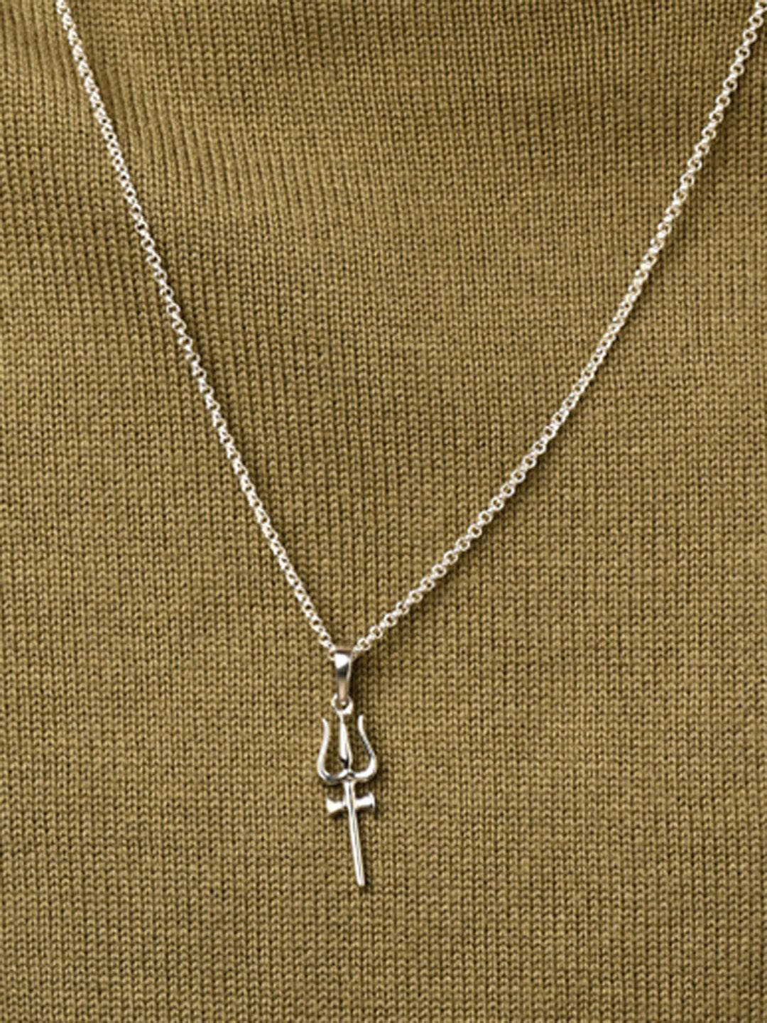 Clara Men Rhodium-Plated 925 Sterling Silver Trishul Pendant & Chain