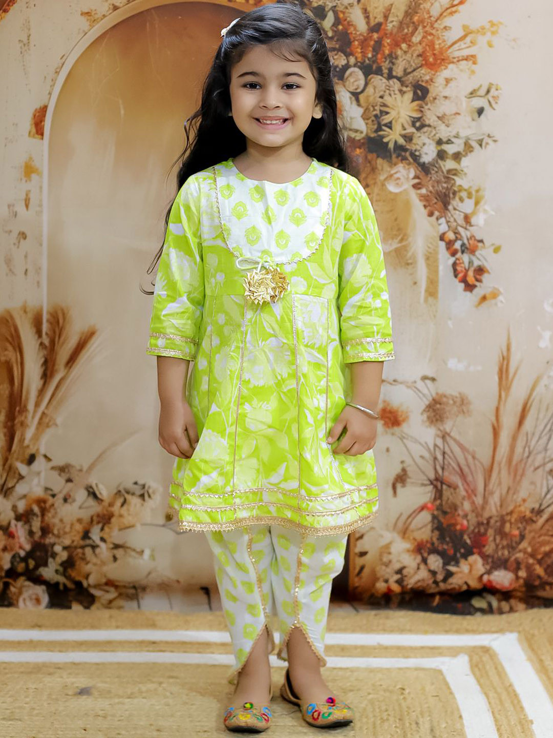 KID1 Girls Floral Printed Gotta Patti Pure Cotton A-Line Kurta With Dhoti Pants