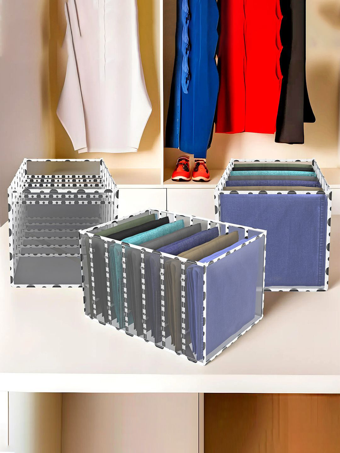 Kuber Industries White & Black 3 Pieces Wardrobe Drawer Organisers
