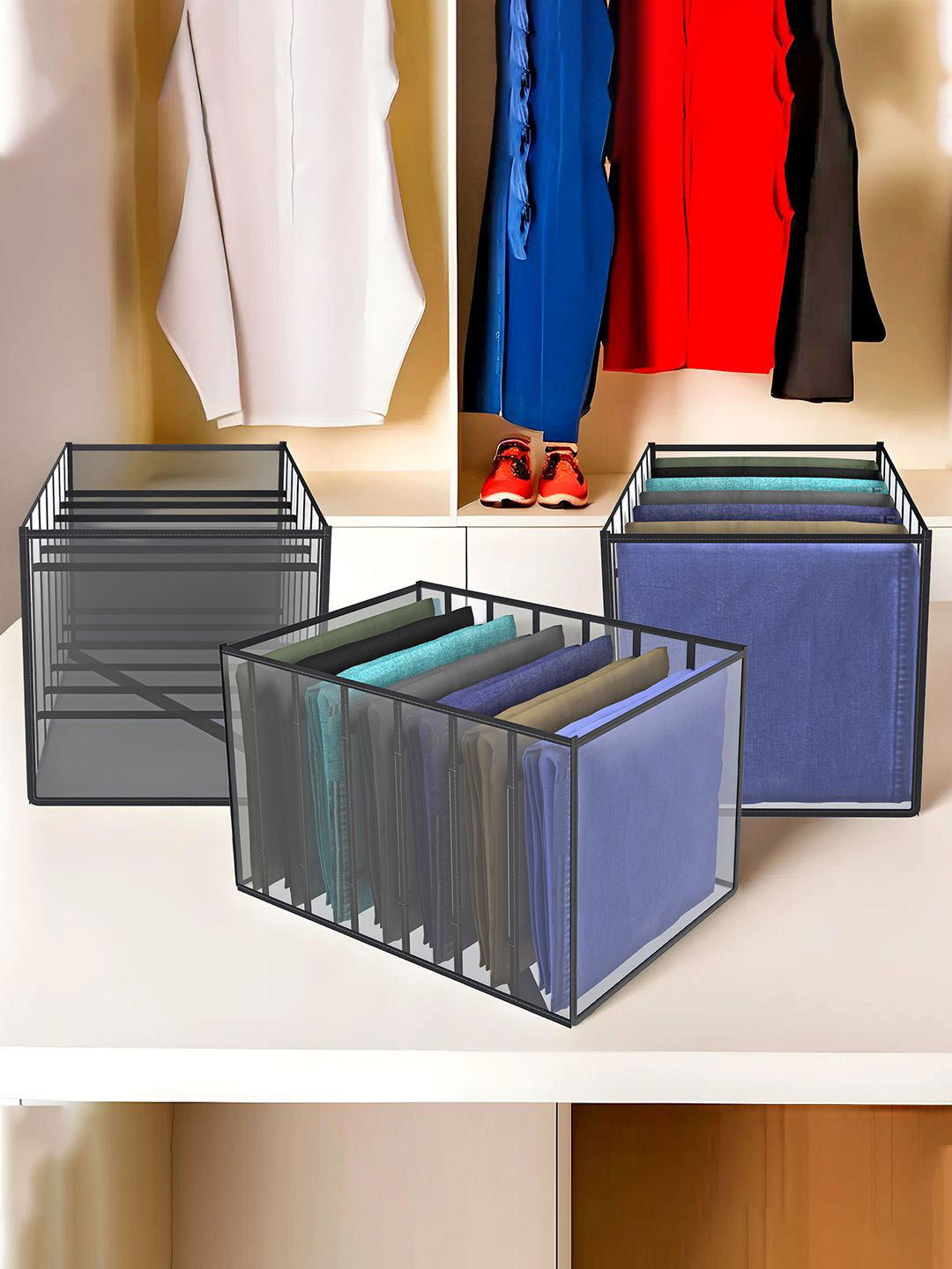Kuber Industries Black 3 Pieces Wardrobe Drawer Organisers