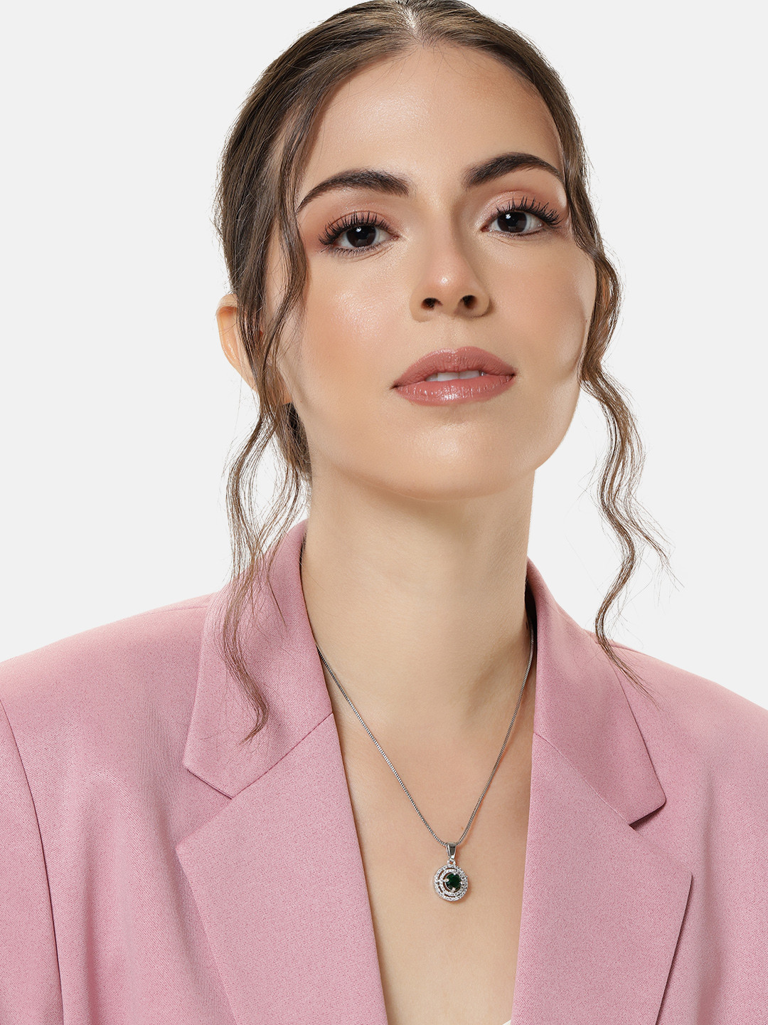 Estele Rhodium-Plated Circular CZ Pendant with Chain