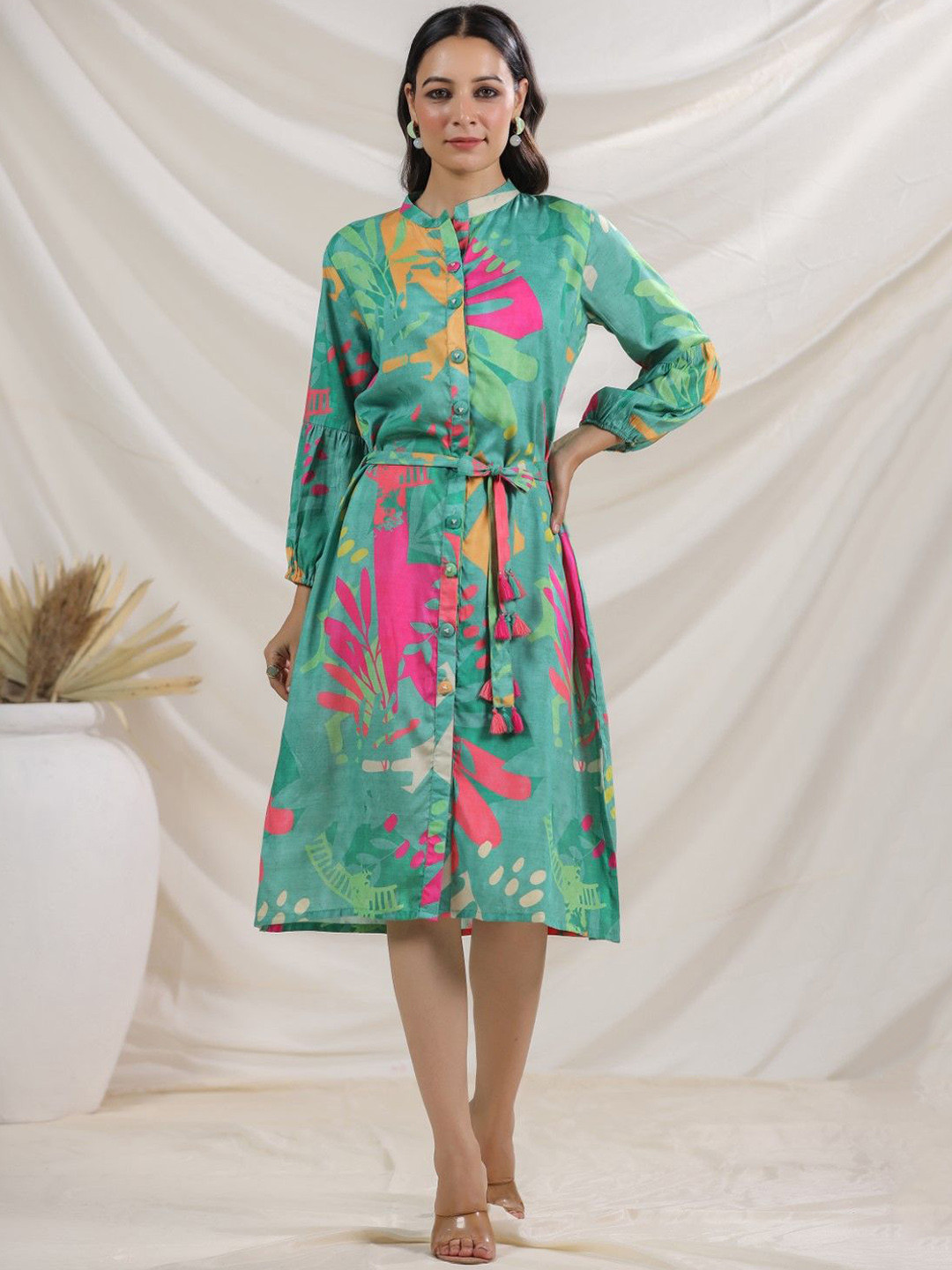 AUTUMN LANE Printed Bishop Sleeve Cotton Shirt Dress