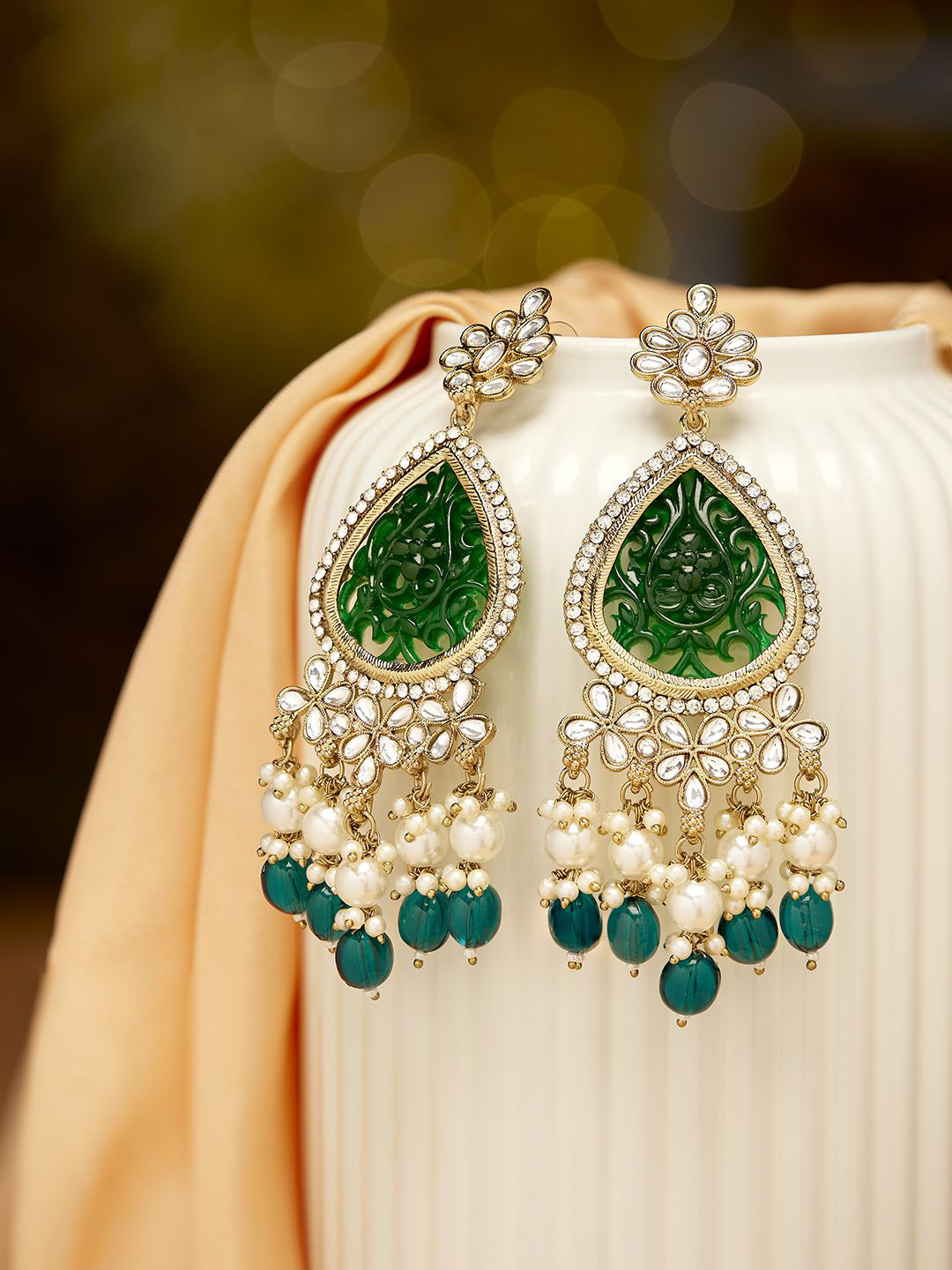 Priyaasi Gold-Plated Emerald Floral Kundan Studded & Pearls Beaded Drop Earrings