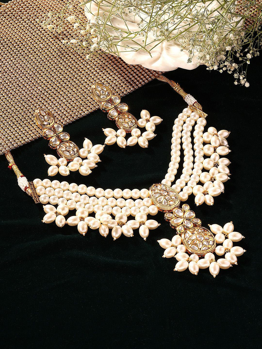 Priyaasi Gold-Plated Floral Pearl-Studded & Beaded Elegant Pattern Jewellery Set