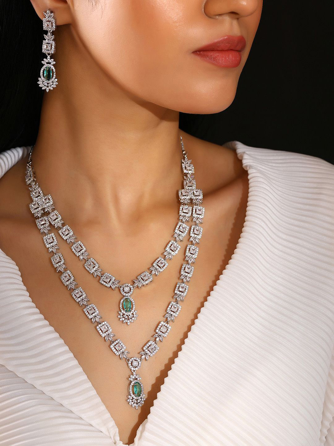 Priyaasi Sliver-Plated American Diamond Studded Layered Jewellery Set