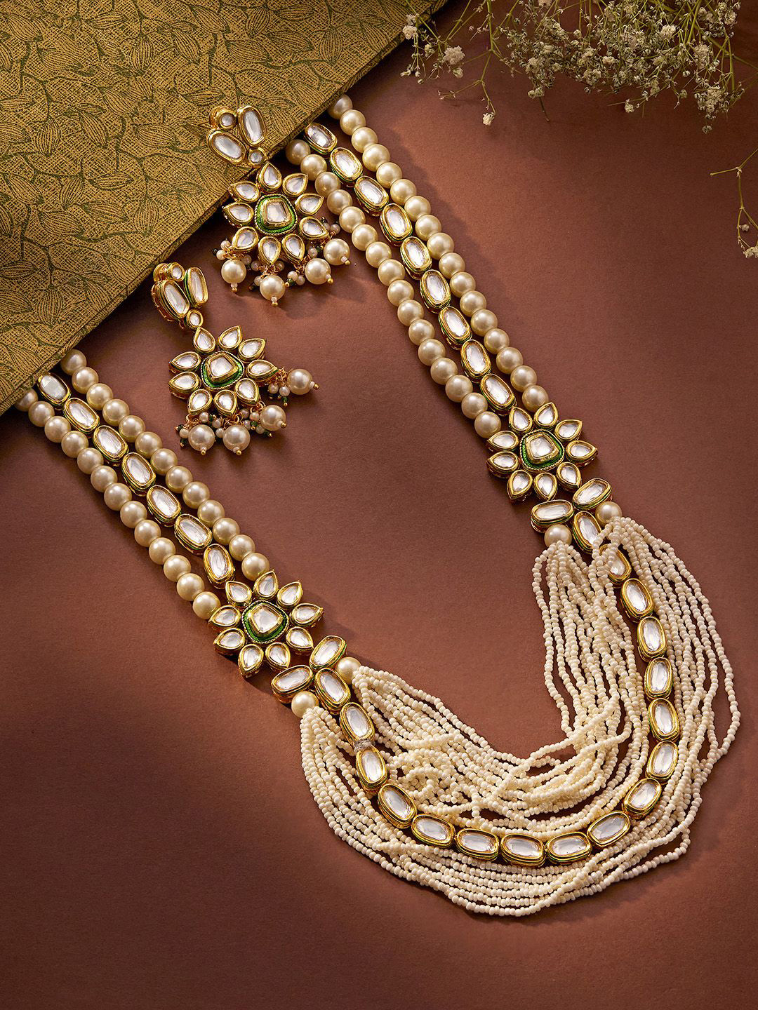 Priyaasi Gold-Plated Kundan Pearl Floral Layered Haram Jewellery Set