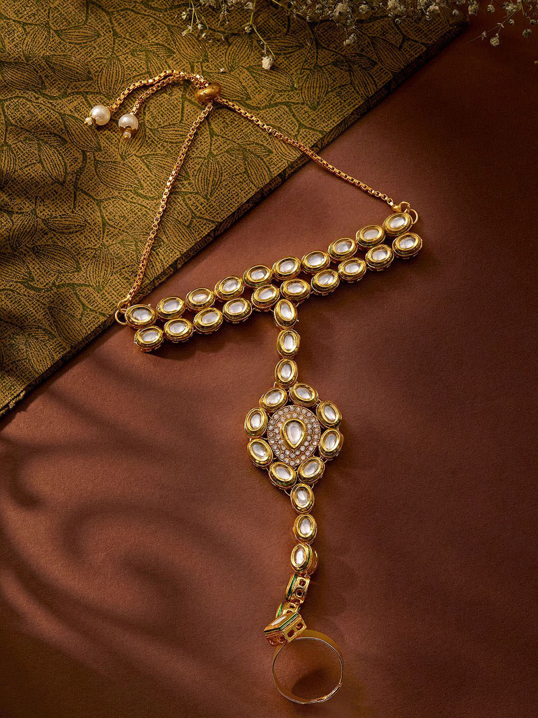 Priyaasi Gold-Plated Kundan Hathphool Ring Bracelet