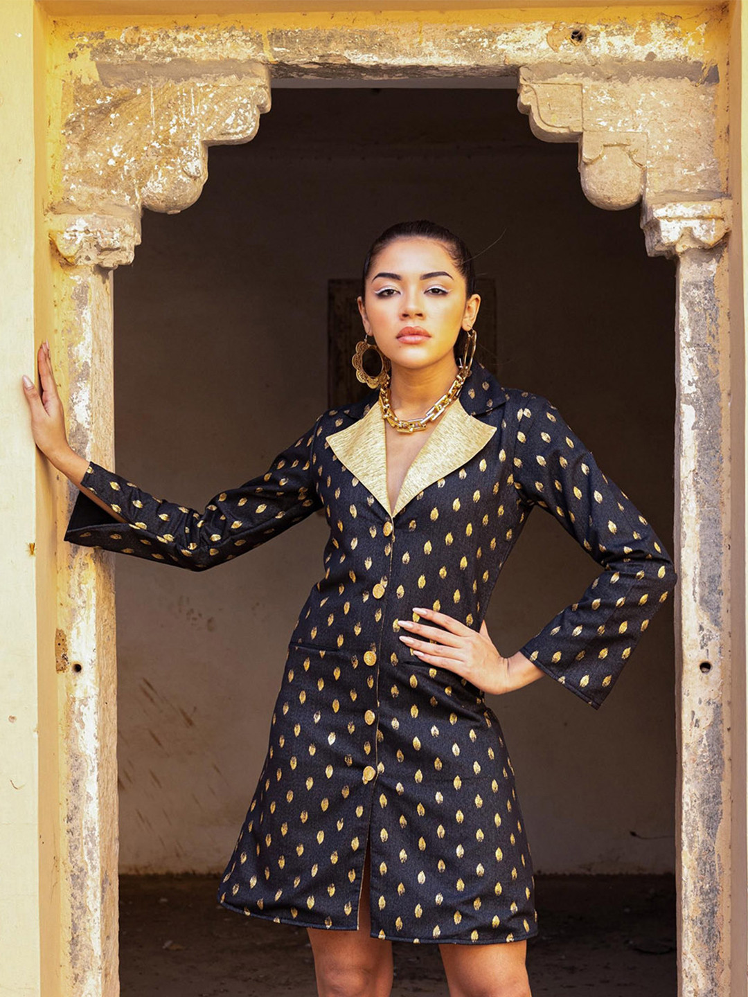 JORASA Womebn Printed Cubon Collar Short Sleeves Above Knee Blazer Dresses