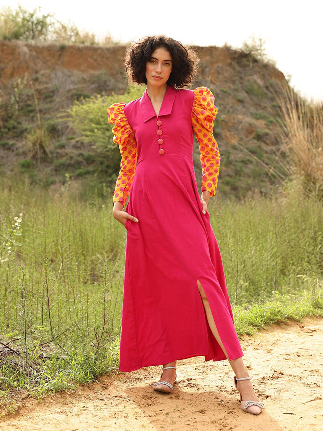 JORASA Women Above the Keyboard Collar Puff Sleeves A-Line Maxi Dress