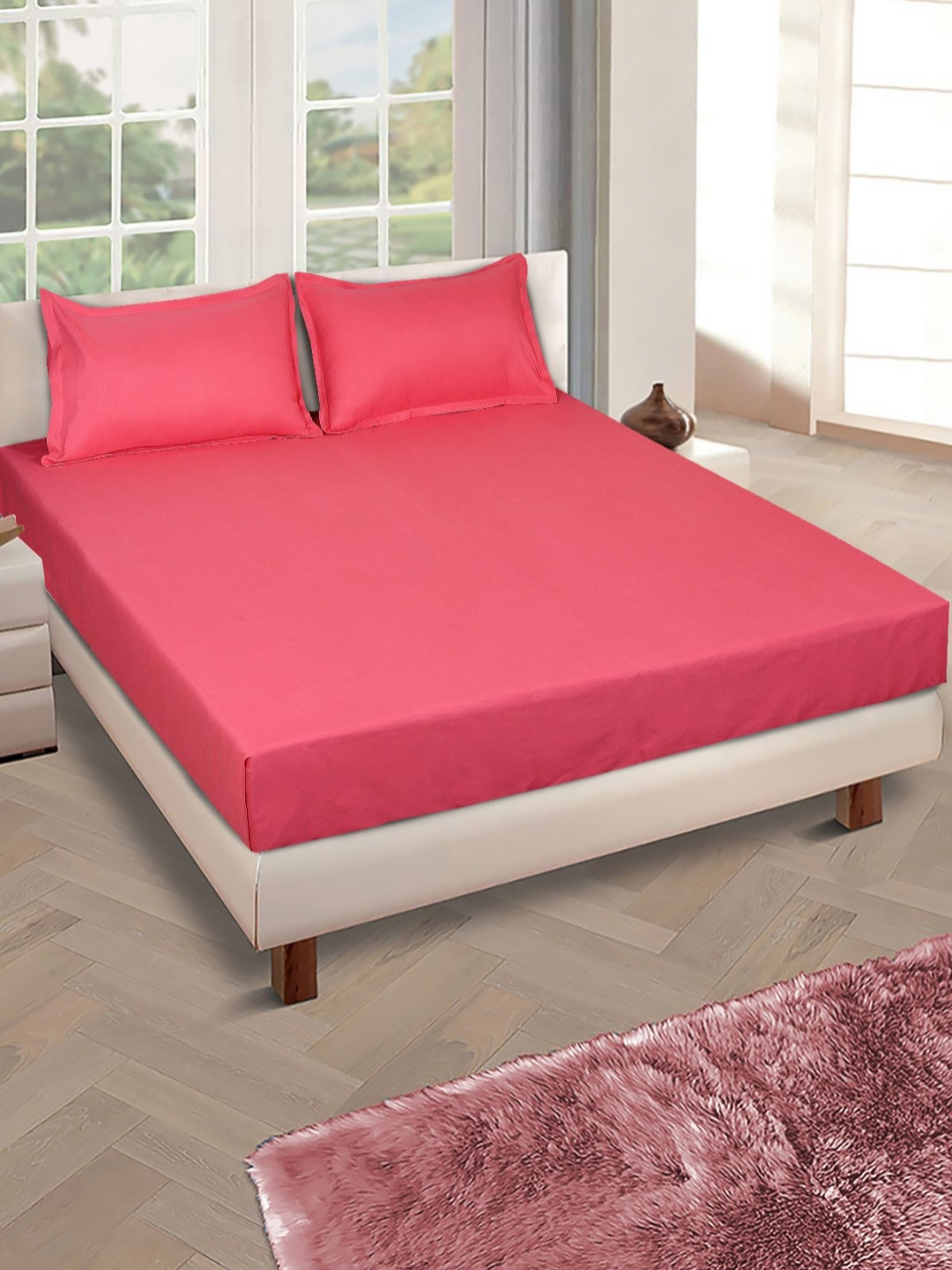 Myntra Elegant Homes Pink Solid 160 TC Microfiber Queen Bedsheet with 2 Pillow Covers