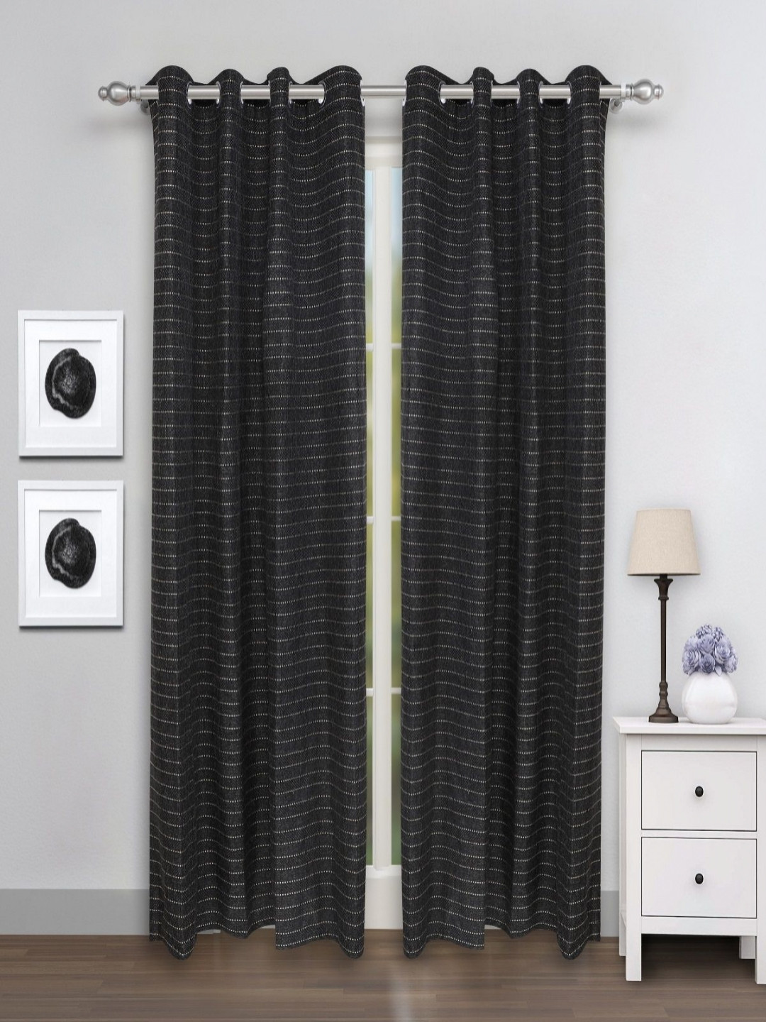 Myntra Elegant Homes Black & Silver-Toned 2 Pieces Striped Room Darkening Door Curtain