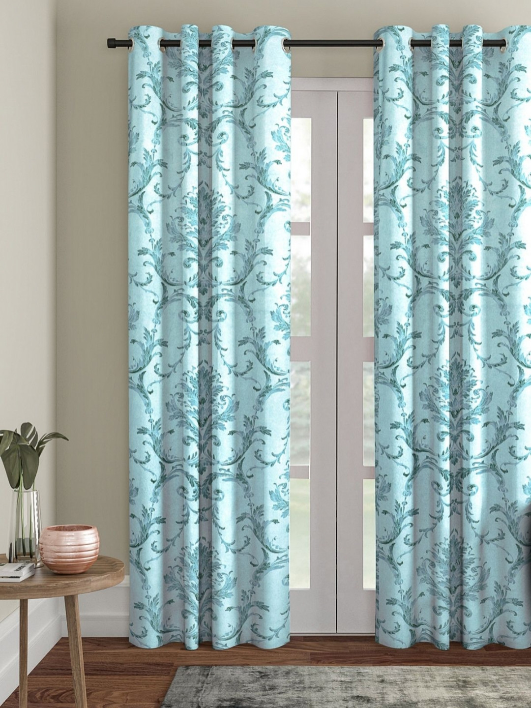 Myntra Elegant Homes Blue & Green Floral Room Darkening Door Curtain