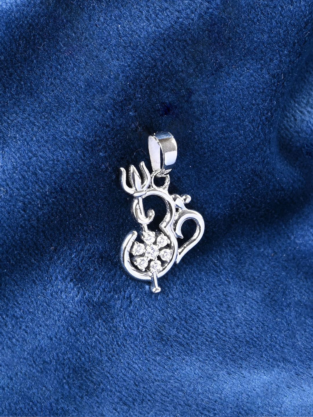 Clara Men 925 Sterling Silver Rhodium-Plated CZ Stone Studded Om Trishul Pendant
