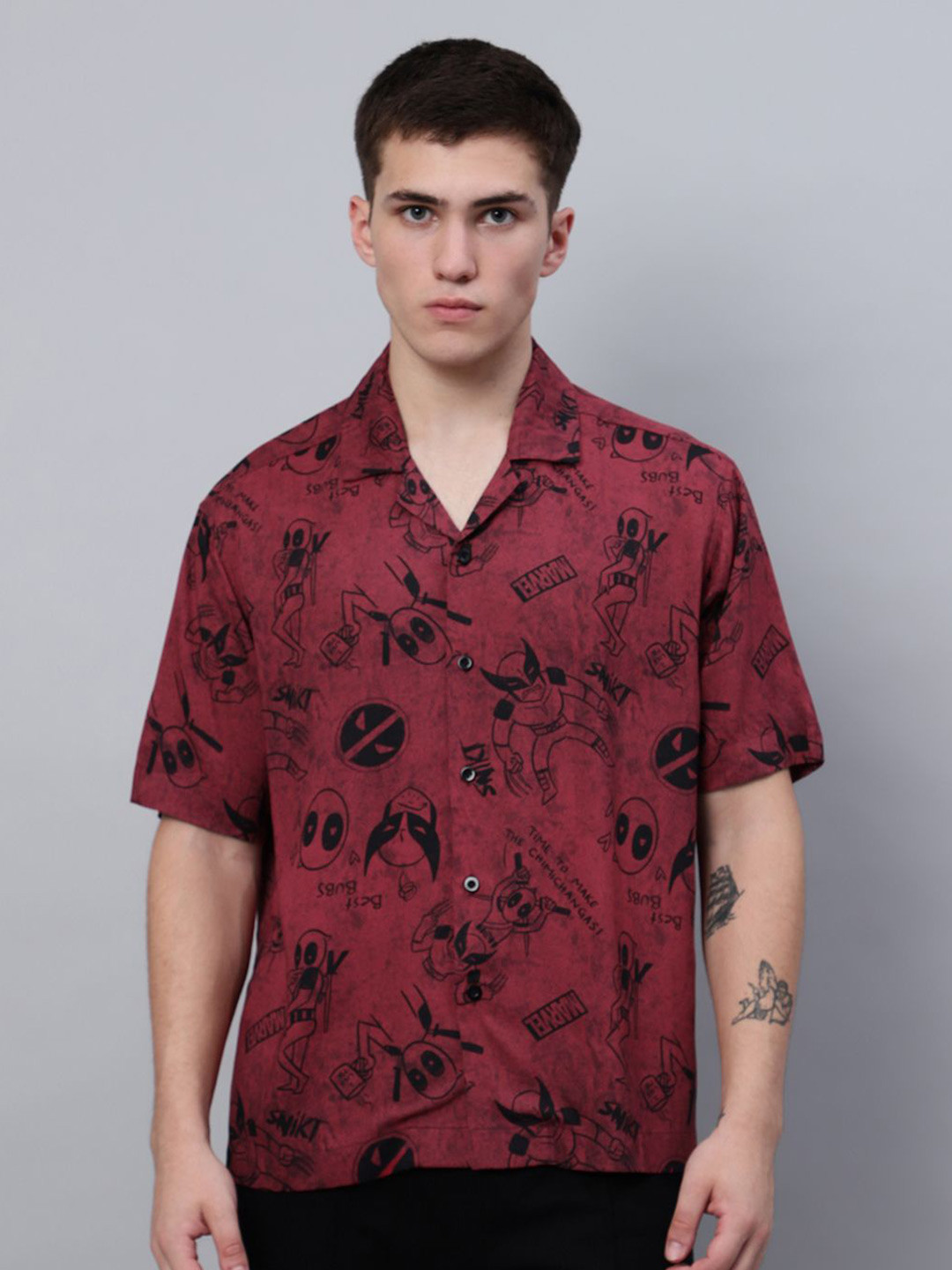Free Authority Men Modern Cuban Collar Deadpool Graphic Printed Casual Shirt