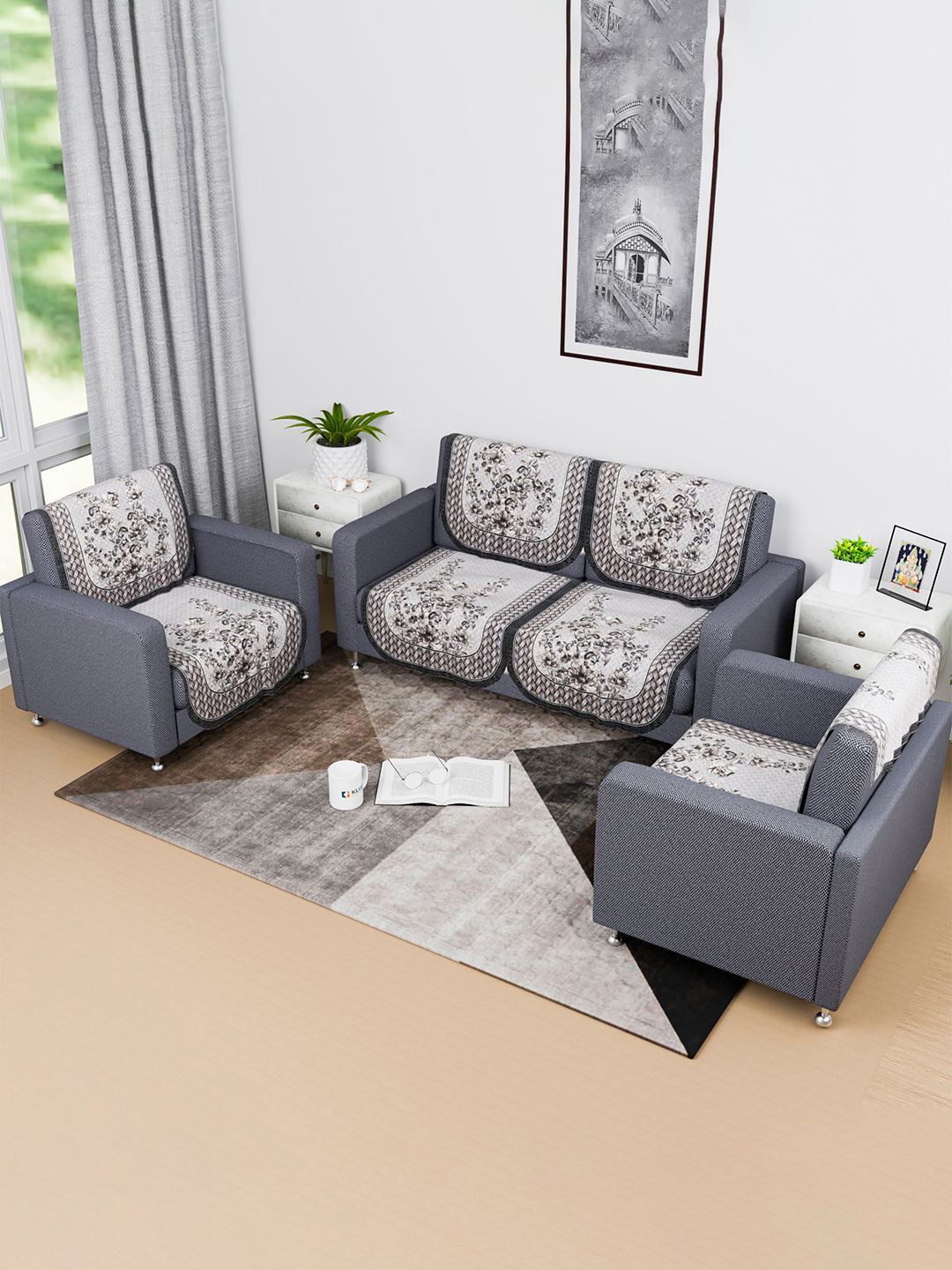 Kuber Industries Grey & White 8 Pieces Embroidered Cotton Sofa Cover
