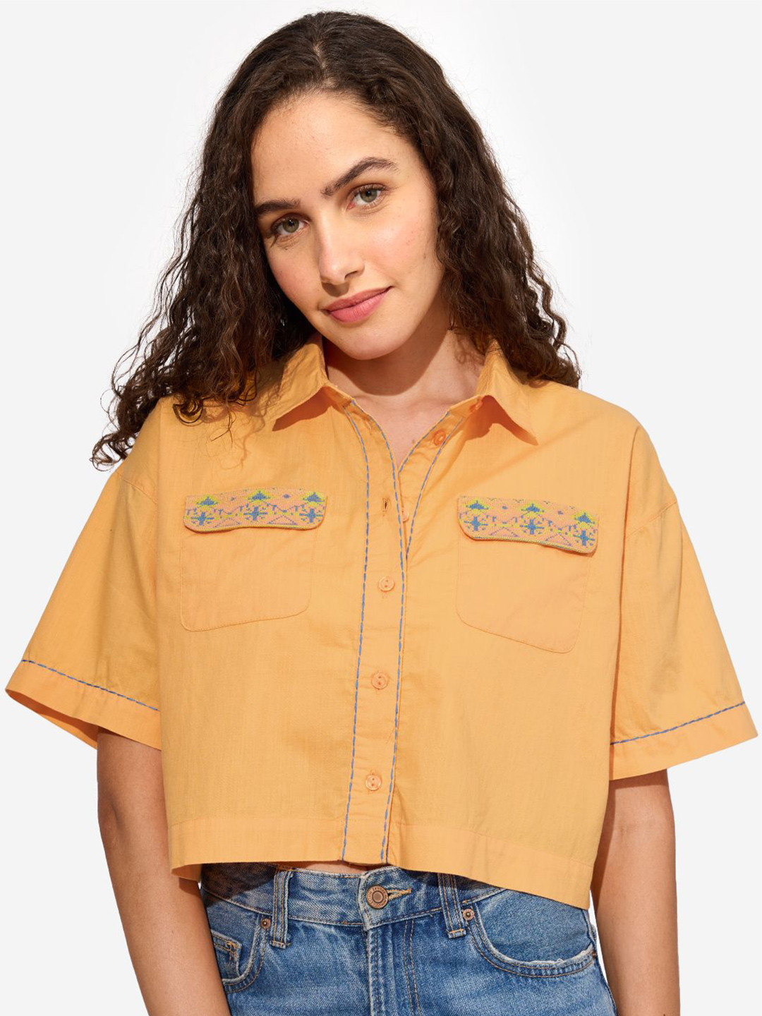 The Souled Store  Women  Aster Yellow Regular Fit Cropped Shirts