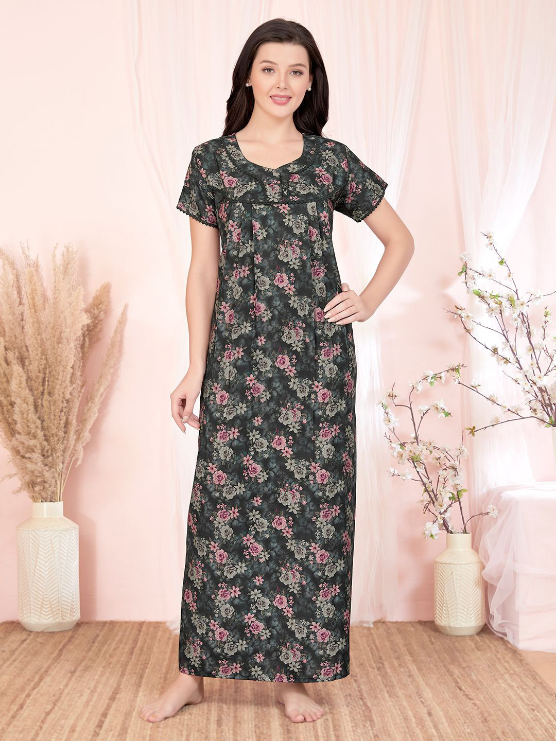 Sand Dune Women Round Neck Short Sleeves Printed Maxi Nightdress
