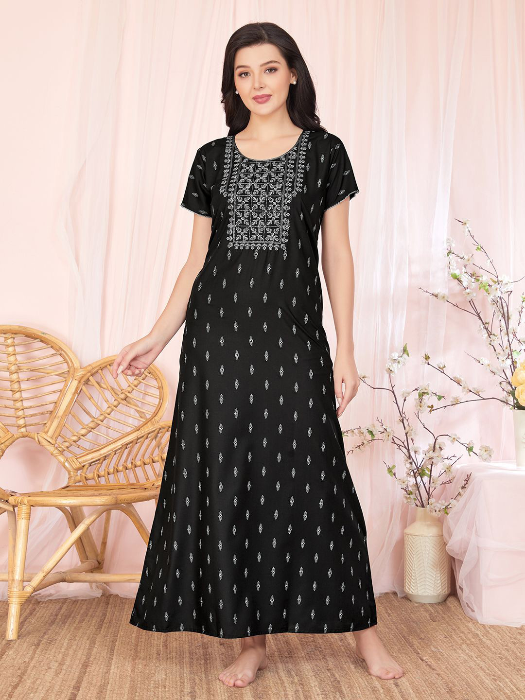 Sand Dune Womens Short Sleeves Printed Maxi Nightdress