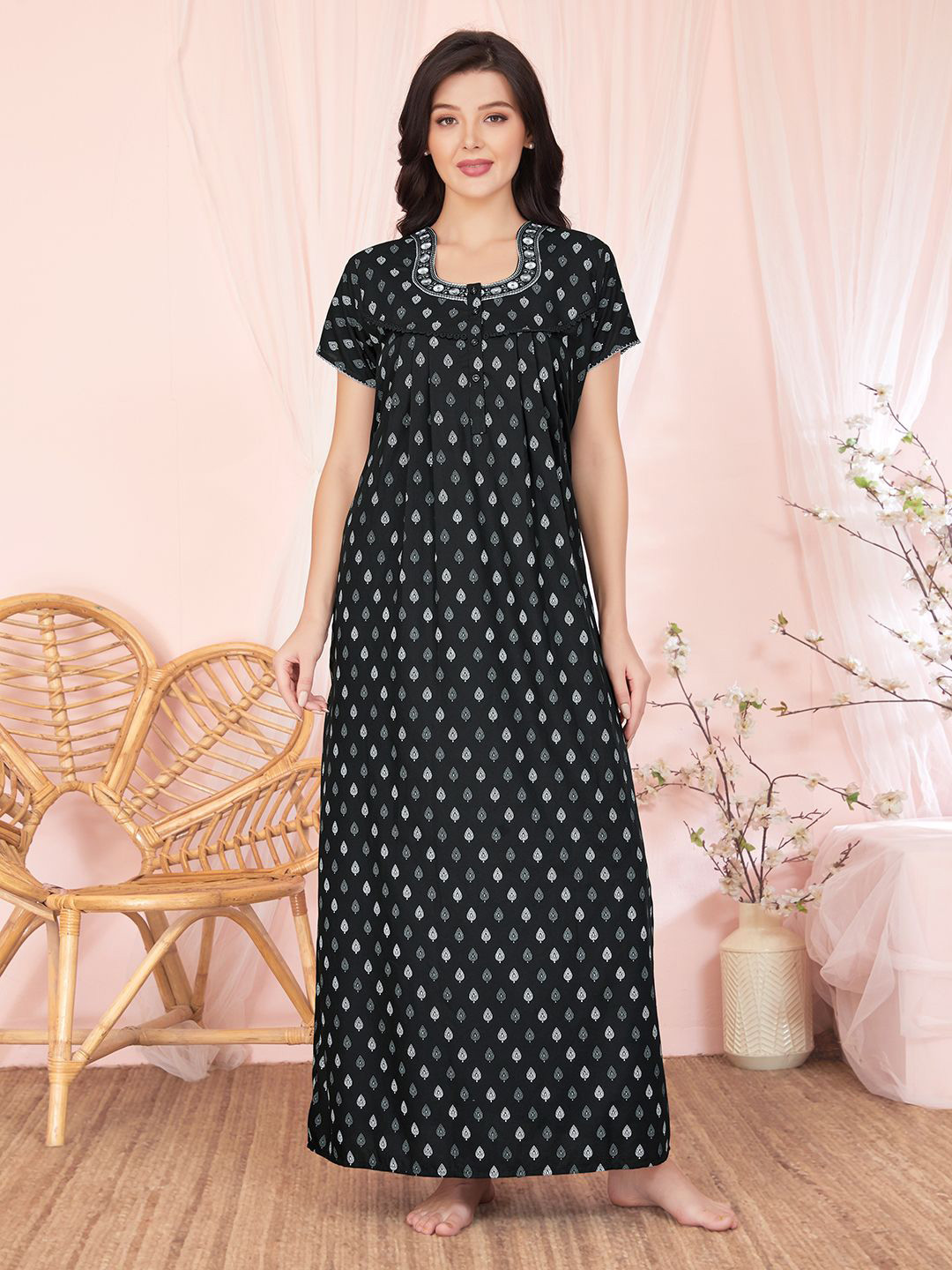 Sand Dune Women Printed U-Neck Short Sleeves Maxi Nightdress