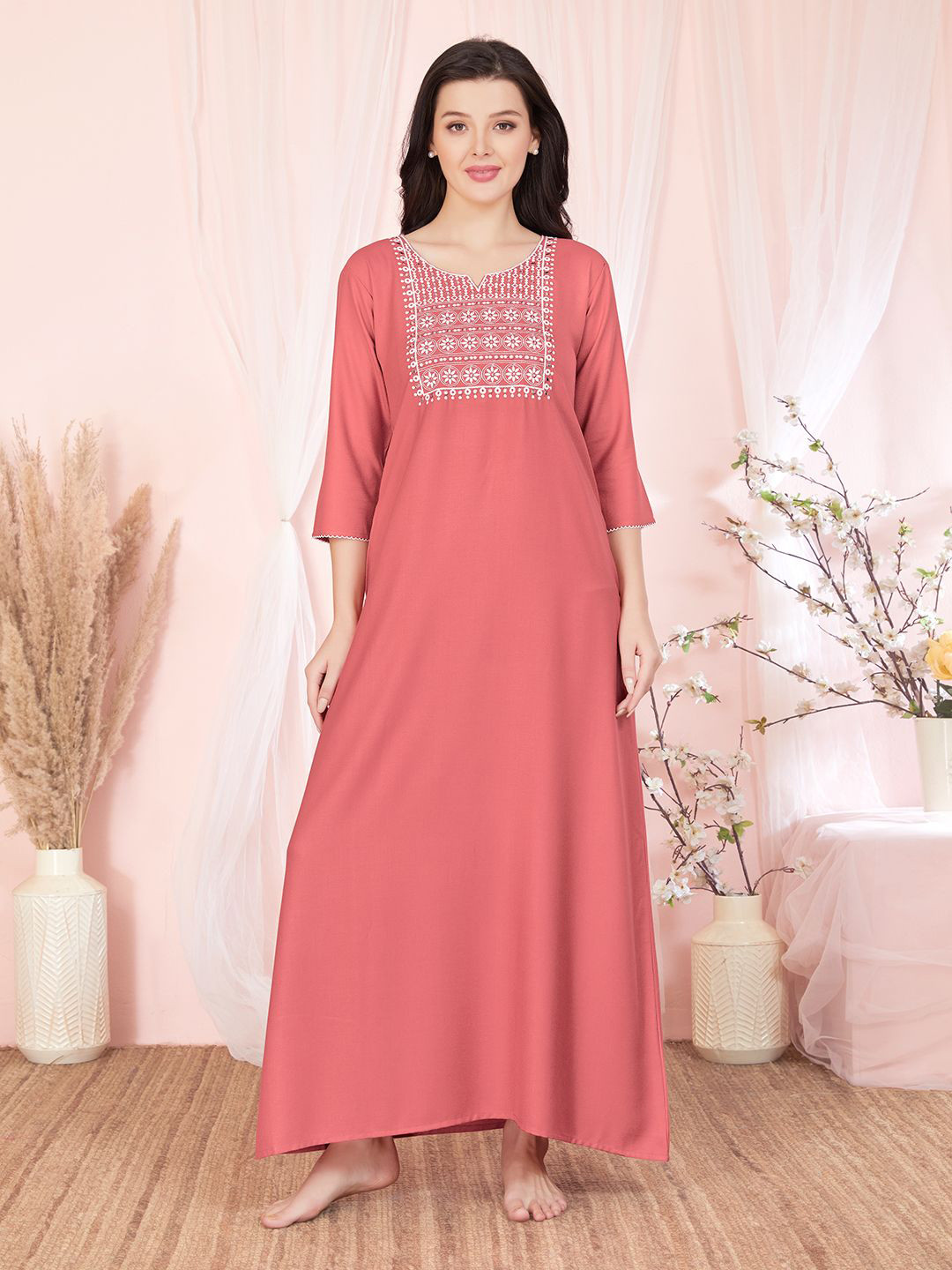 Sand Dune Straight Fit V-Neck Embroidered Maxi Nightdress