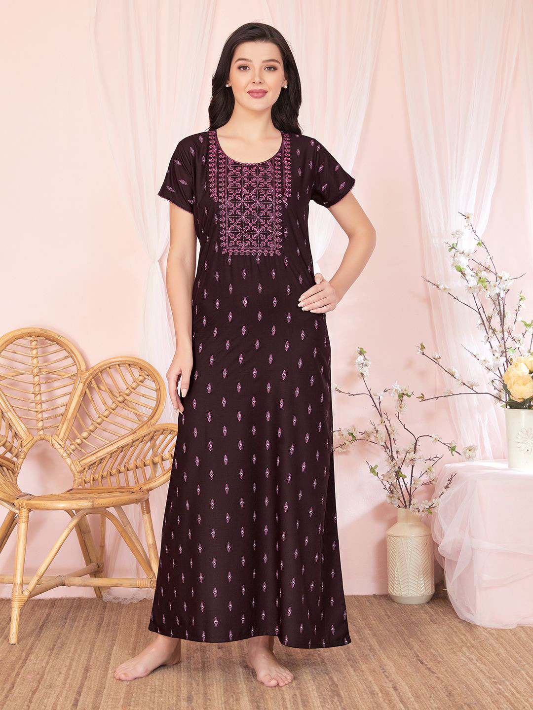 Sand Dune Womens Short Sleeves Embroidered Maxi Nightdress