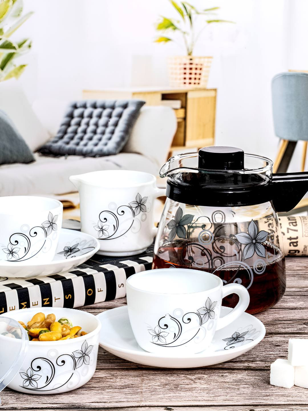 Cello White & Black Opal Glass 15 Pieces Floral Printed Tea Set