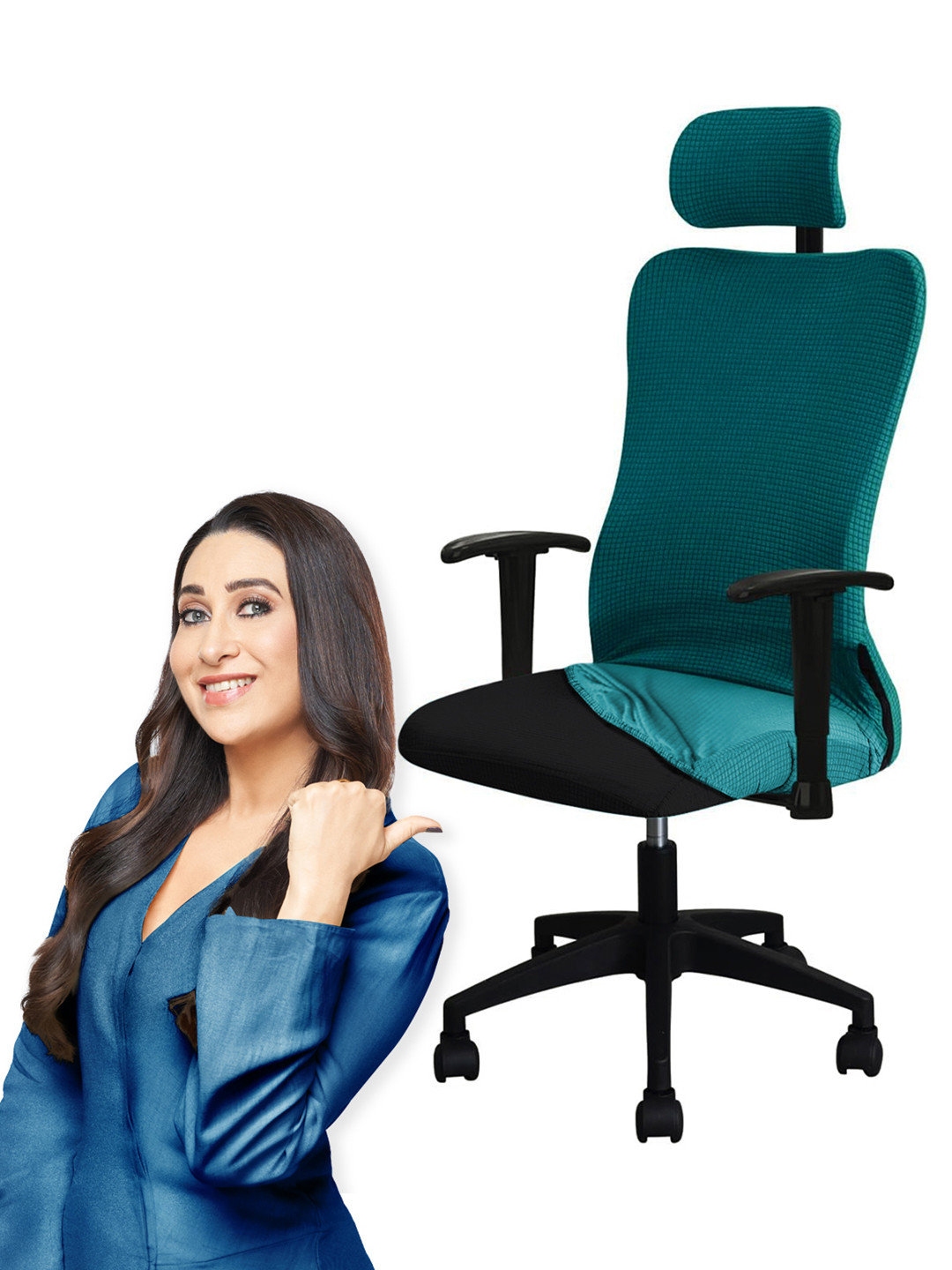 HOKIPO Teal-Blue Jacquard Stretchable Chair Cover with Headrest Cover