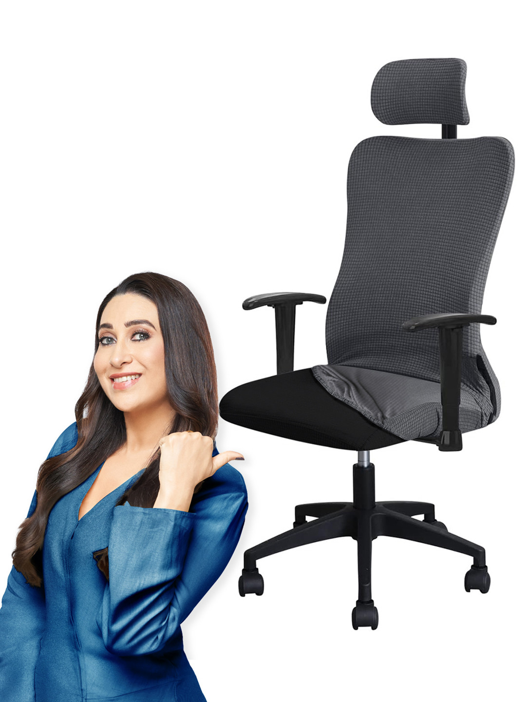 HOKIPO Grey Checked Jacquard Stretchable Computer Desk Rotating Chair Seat Cover