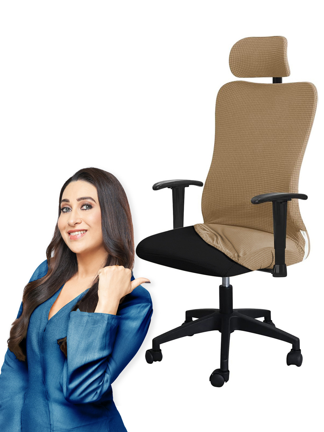 HOKIPO Camel Brown Checked Stretchable Computer Desk Rotating Chair Seat Cover