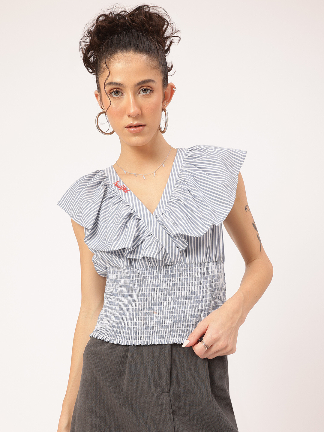 DressBerry Ruffle Striped Smocked Cinched Waist Top