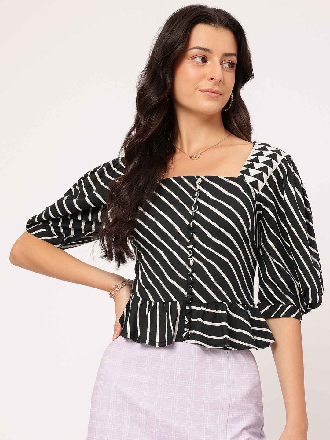 DressBerry  Multi Vertical Striped Puff Sleeves Sqaure Neck Ruffled Top