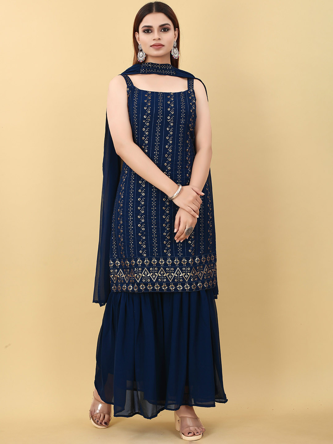Sashay Boutique Striped Embroidered Georgette Straight Kurta With Sharara & Dupatta