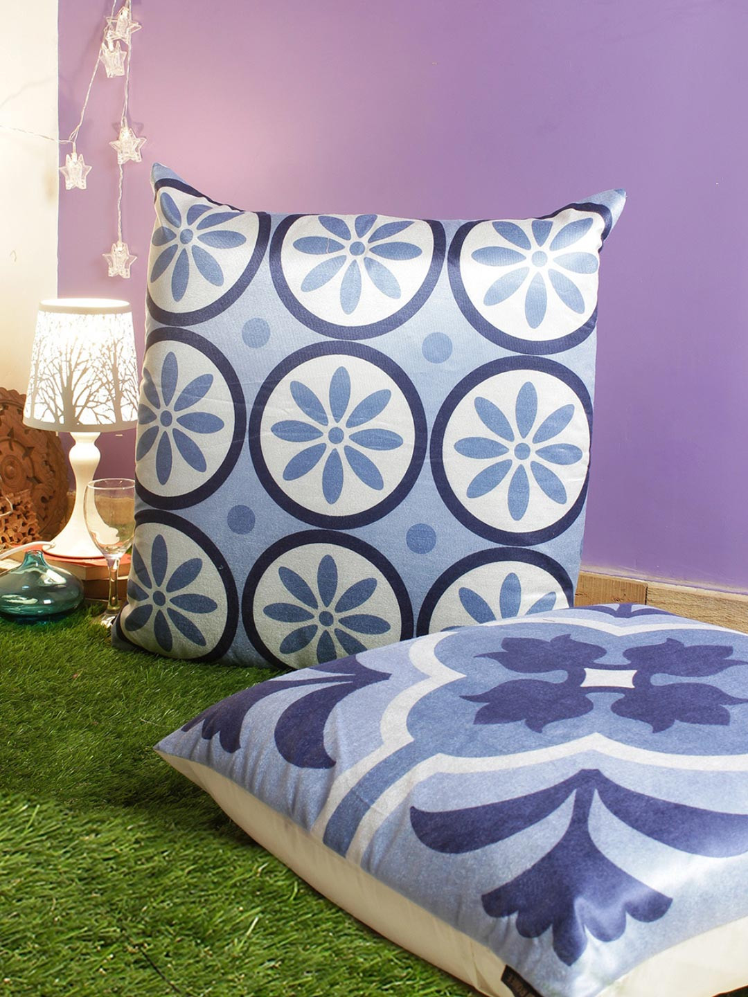 Myntra Elegant Homes Blue Floral Velvet Durable 2 Pcs Square Cushion Covers - 24 x 24 In