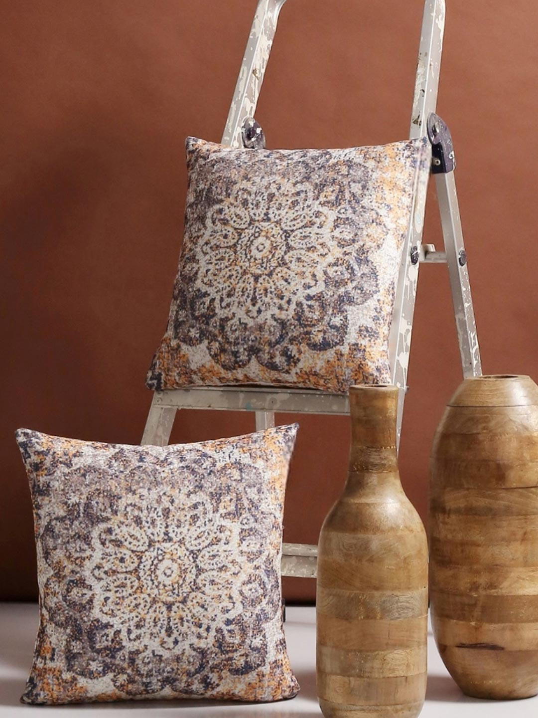 Myntra Elegant Homes White & Blue 2 Pcs Ethnic Motifs Woven Design Square Cushion Covers