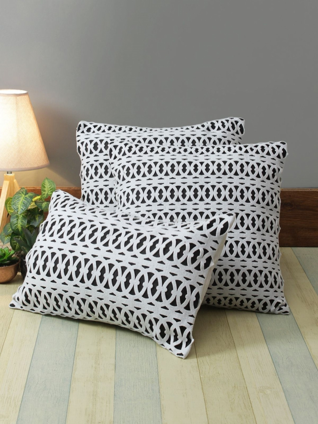 Myntra Elegant Homes Laser Cut Geometric Polyester 3 Pcs Patchwork Cushion Covers-16x16In