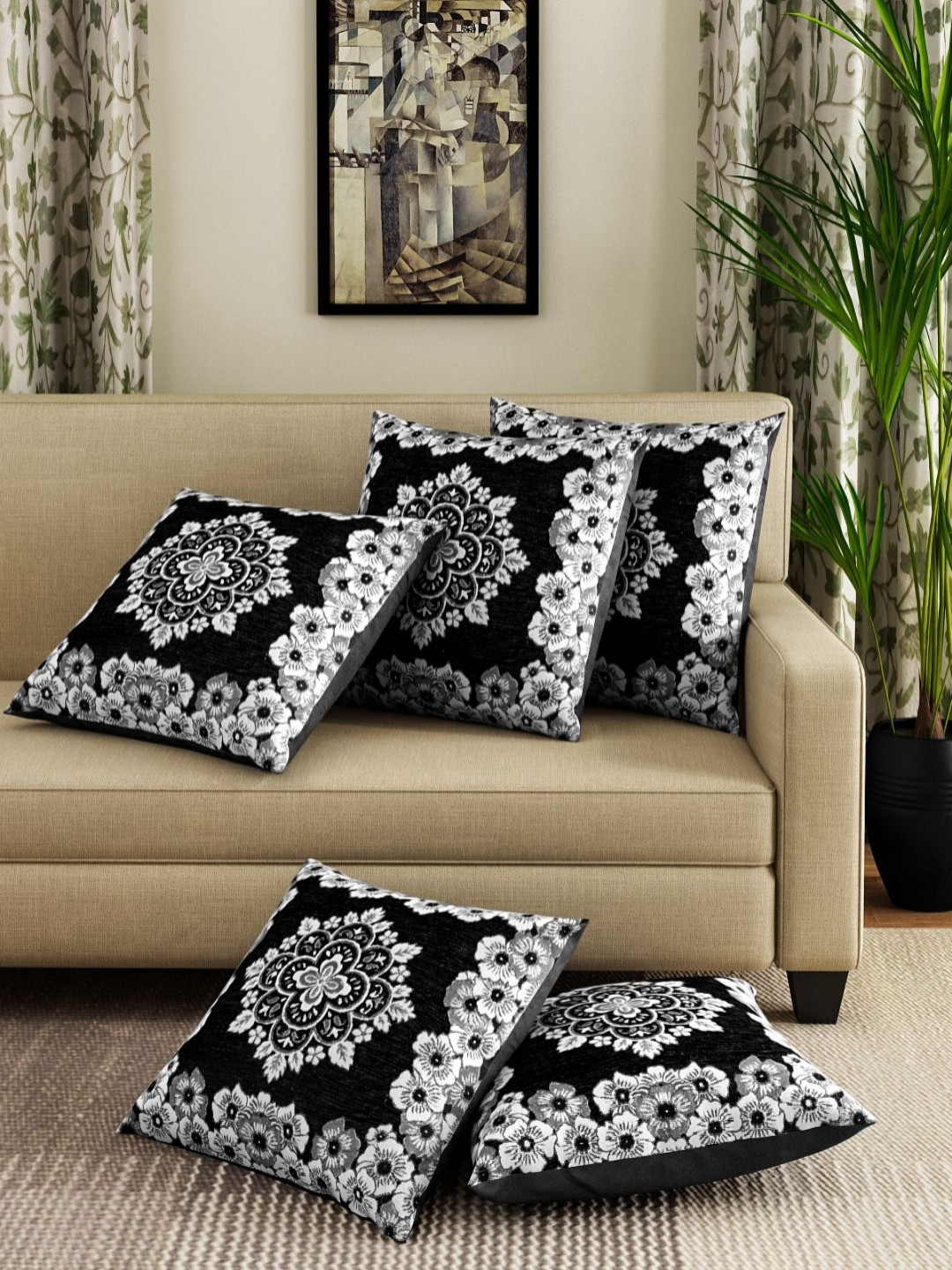Myntra Elegant Homes Black & White 5 Pieces Floral Printed Square Cushion Covers