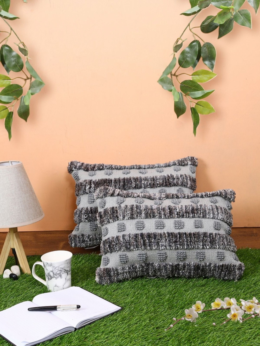Myntra Elegant Homes Grey & Black 2 Pieces Ethnic Motifs Woollen Rectangle Cushion Covers
