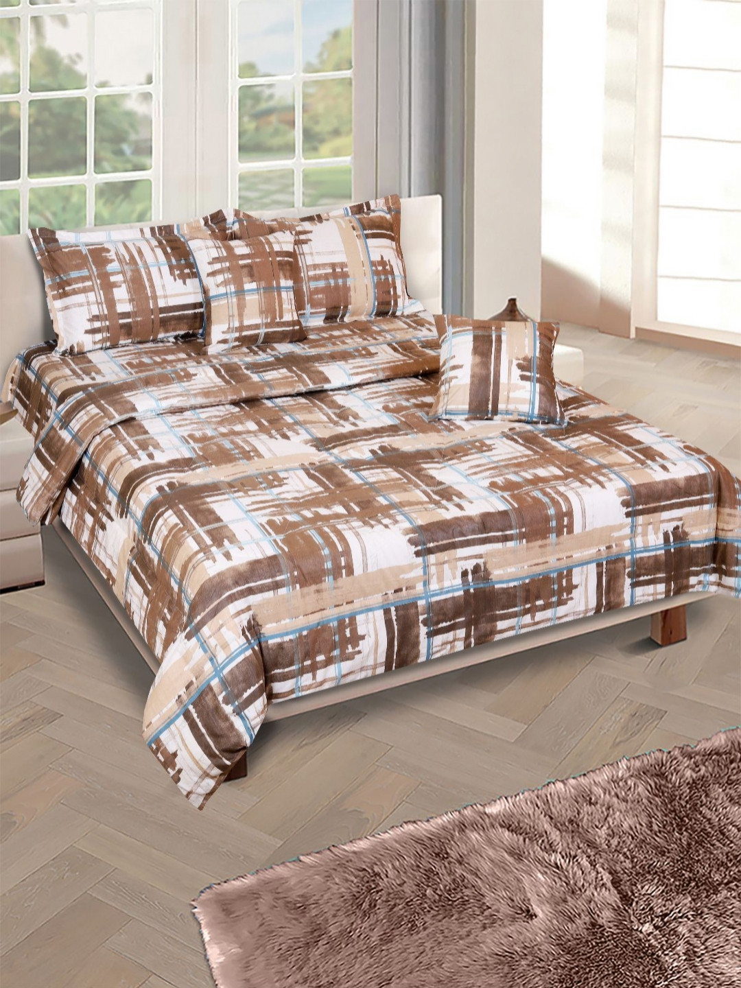 Myntra Elegant Homes Brown & White Check Cotton Double Bedsheet 6 Pc Superfine Bedding Set