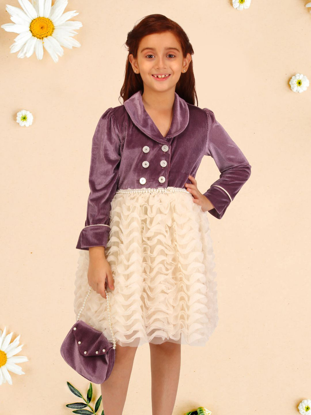 CUTECUMBER Applique Shirt Collar Cuffed Sleeves Net Knee Length Fit & Flare Dress