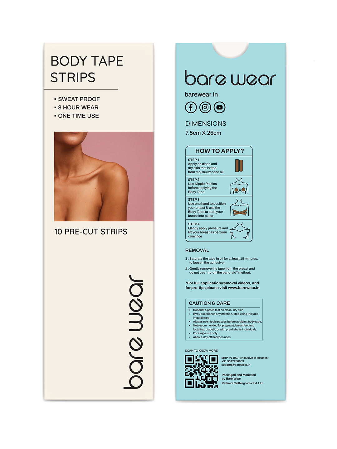 Bare Wear Pack of 10 Body Tape Pre-Cut Strips 7.5cm width Sweatproof - Painless removal