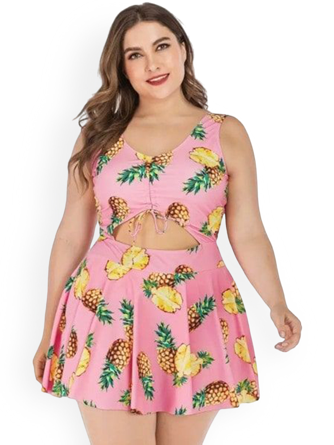 Plus Curvves Women Plus Size Printed Cut-Out Detail Swim Dress