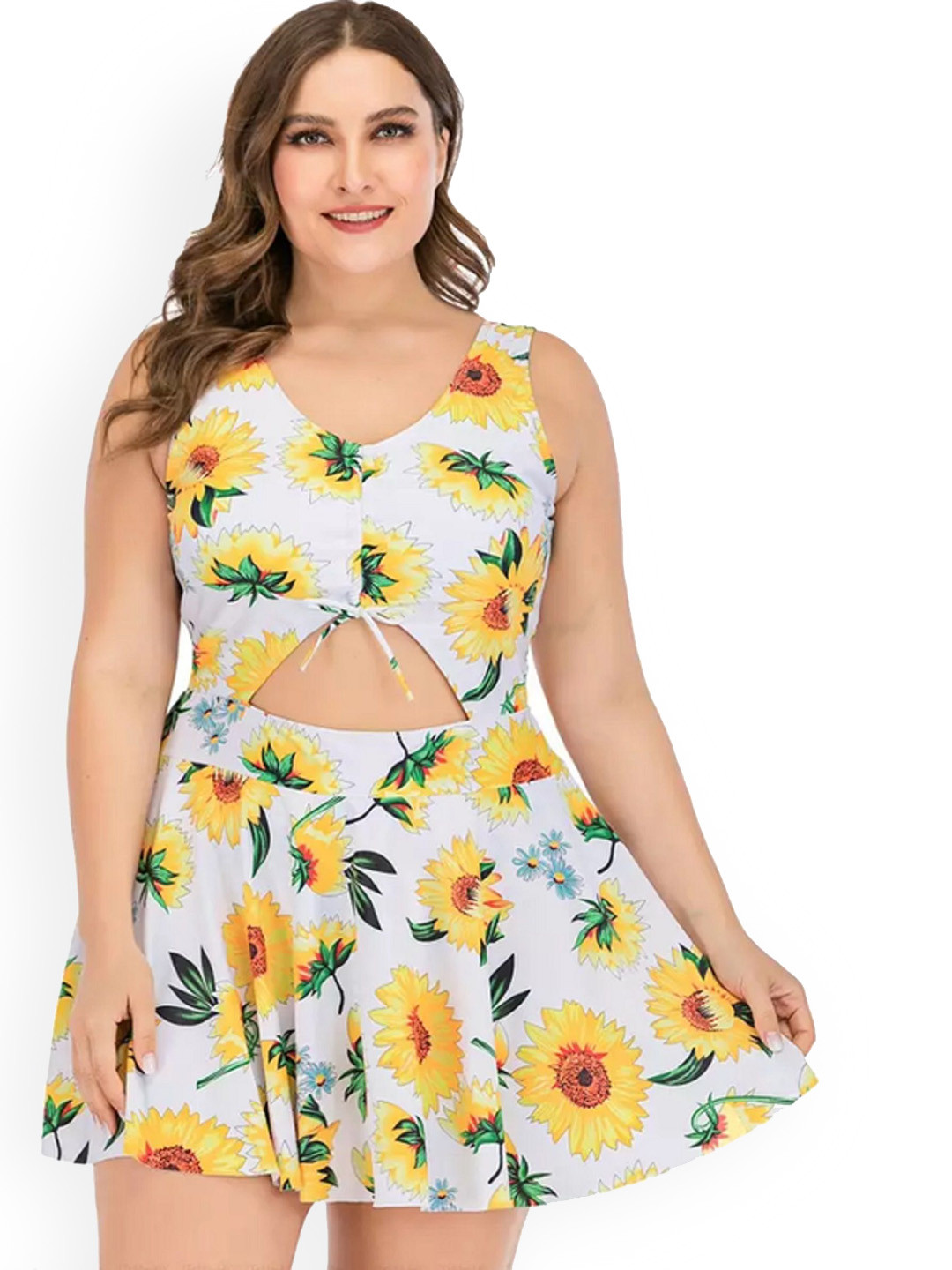 Plus Curvves Plus Size Floral Printed Cut-Out Detail Swim Dress