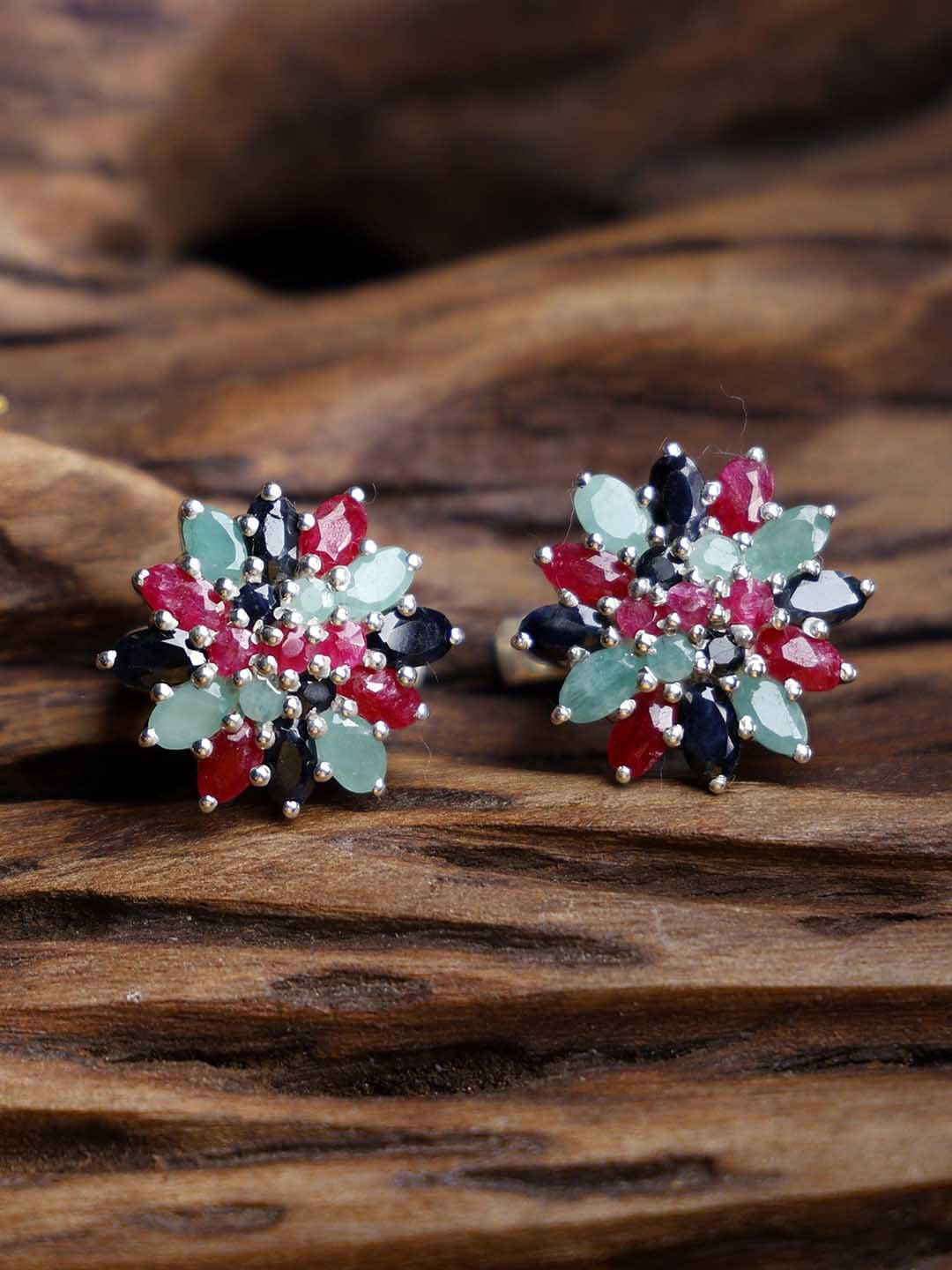 Exotic India Faceted Sapphire, Ruby & Emerald Gemstone Sterling Silver Floral Earrings