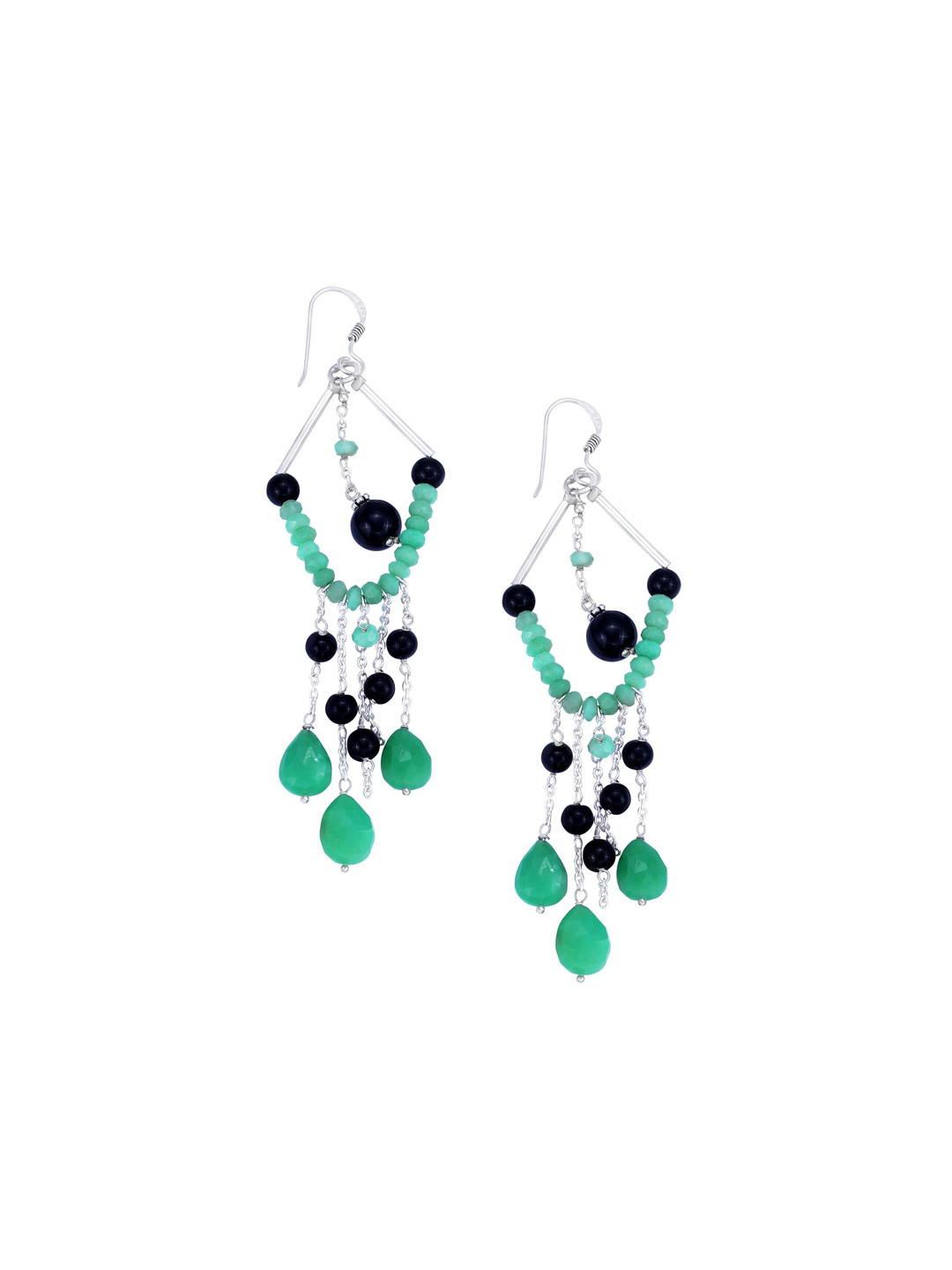 Exotic India Emerald and Black Onyx Bead Dangles Sterling Silver Earrings